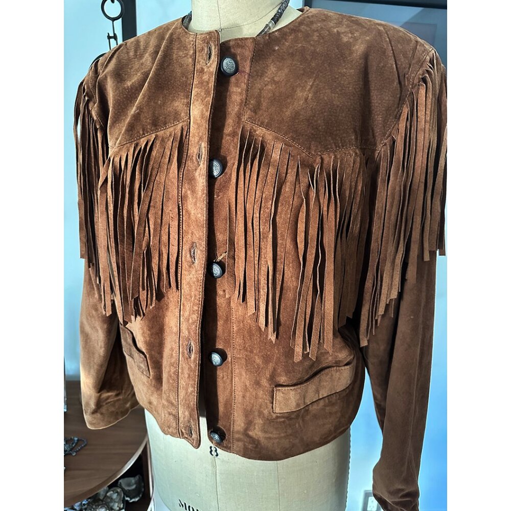 LANNA Western Fringe Jacket VTG 90s Brown Suede Size M